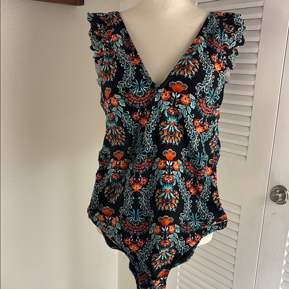 Jessica Simpson Black and Orange One Piece Swimsuit with Ruffle Details